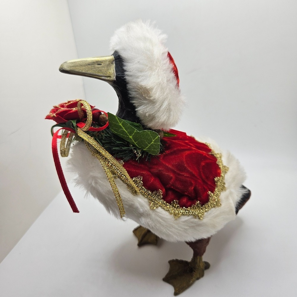 Vintage Christmas Duck‎ Figurine Santa Outfit Faux Fur Red Velvet